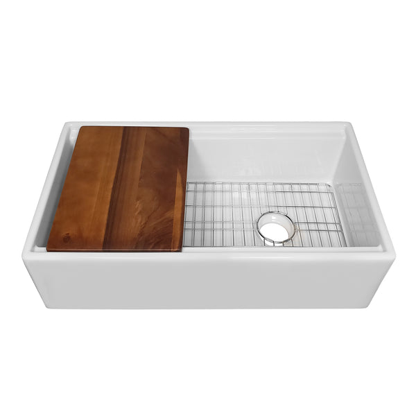 Whitehaus Whitehaus Collection 33" Reversible Single Bowl Fireclay Sink Set with a Smooth Front Apron, Walnut Wood Cutting Board and Stainless Steel Grid