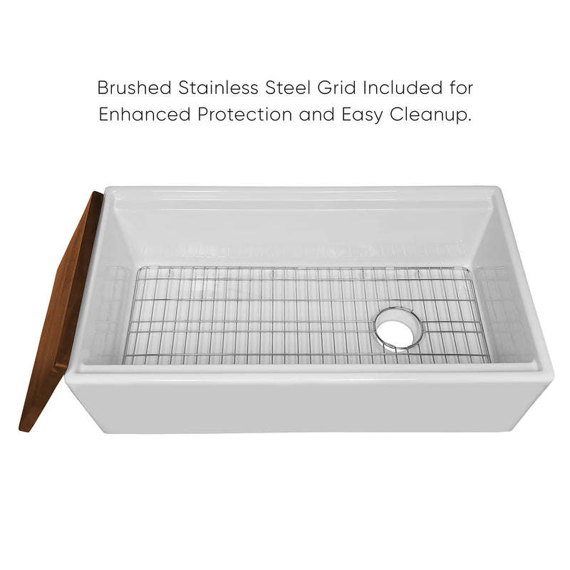 Whitehaus Whitehaus Collection 33" Reversible Single Bowl Fireclay Sink Set with a Smooth Front Apron, Walnut Wood Cutting Board and Stainless Steel Grid