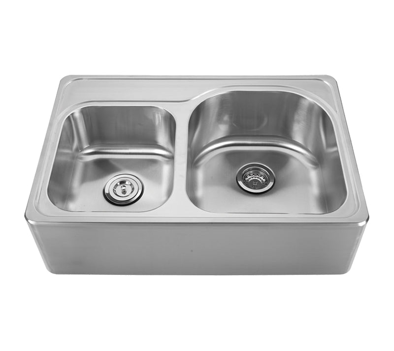 Whitehaus Noah's Collection Brushed Stainless Steel Double Bowl Drop-in Sink with a Seamless Customized Front Apron