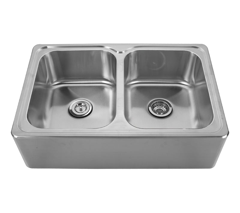 Whitehaus Noah's Collection Brushed Stainless Steel Double Bowl Drop-in Sink with a Seamless Customized Front Apron