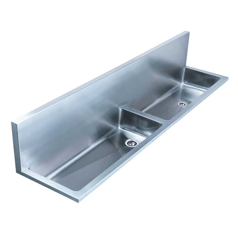 Whitehaus Noah's Collection Brushed Stainless Steel Double Bowl Wall Mount Utility Sink with 2 1/2" Far Right Center Drain in the Left Bowl and 2" Inch Offset Drain in the Right