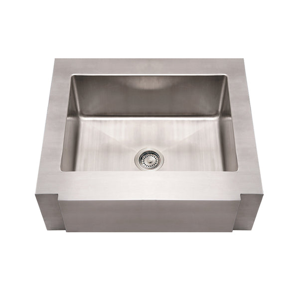 Whitehaus Noah's Collection Brushed Stainless Steel Commercial Single Bowl Sink with a Decorative Notched Front Apron