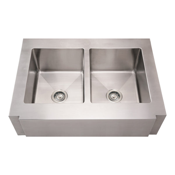 Whitehaus Noah's Collection Brushed Stainless Steel Commercial Double Bowl Sink with a Decorative Notched Front Apron