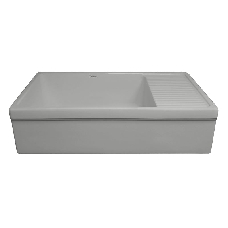 Whitehaus Farmhaus Quatro Alcove Large Reversible Matte Fireclay Kitchen Sink with  Integral Drainboard and a Decorative 2 ½" Lip Front Apron on Both Sides