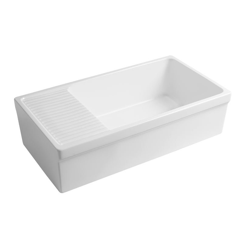 Whitehaus Farmhaus Quatro Alcove Large Reversible Matte Fireclay Kitchen Sink with  Integral Drainboard and a Decorative 2 ½" Lip Front Apron on Both Sides