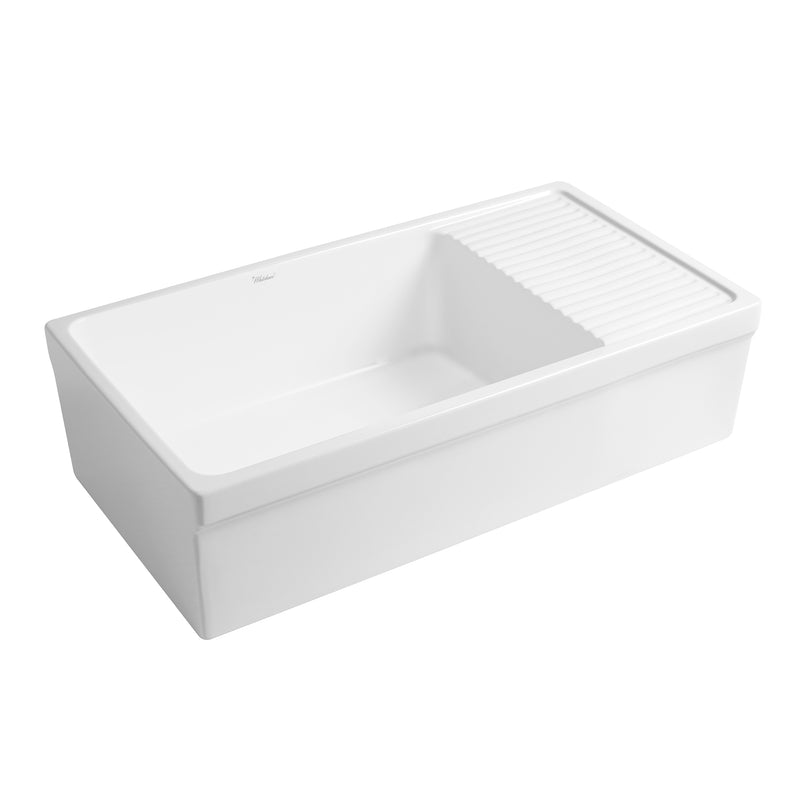 Whitehaus Farmhaus Quatro Alcove Large Reversible Matte Fireclay Kitchen Sink with  Integral Drainboard and a Decorative 2 ½" Lip Front Apron on Both Sides