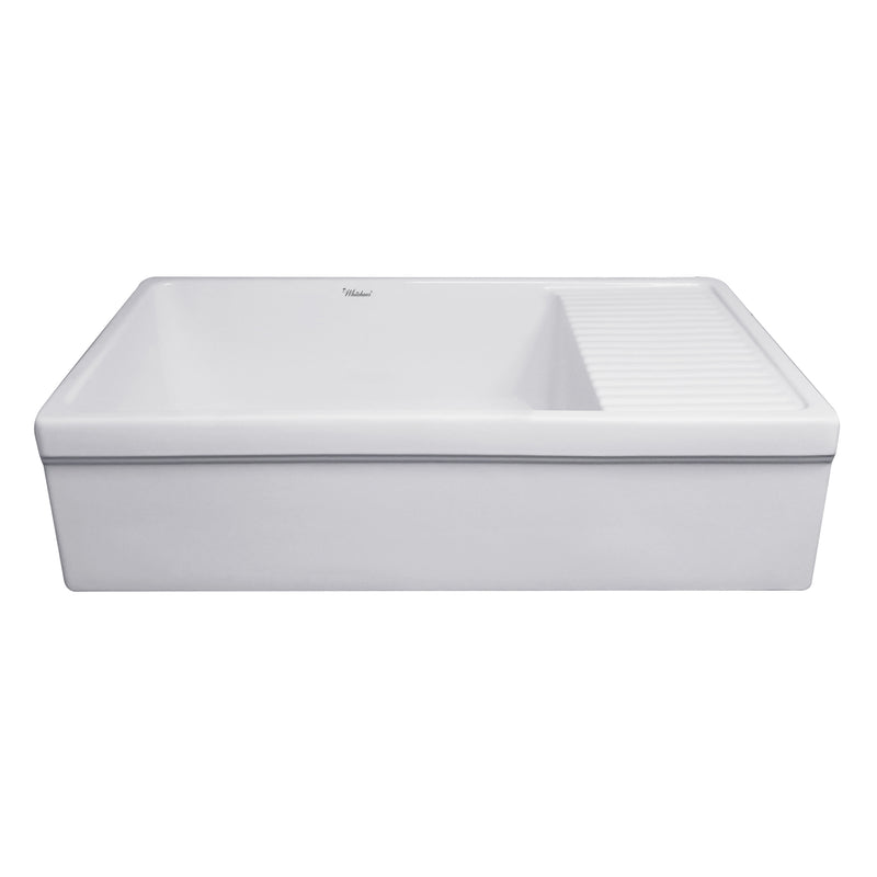 Whitehaus Farmhaus Quatro Alcove Large Reversible Matte Fireclay Kitchen Sink with  Integral Drainboard and a Decorative 2 ½" Lip Front Apron on Both Sides