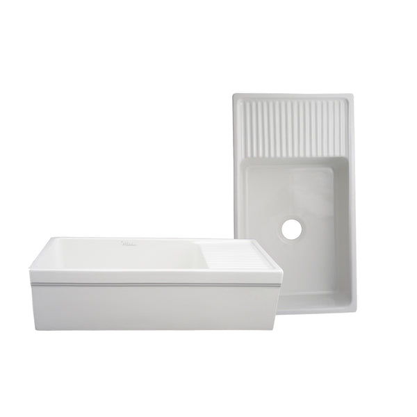 Whitehaus Farmhaus Fireclay Quatro Alcove Large Reversible Sink with Integral Drainboard and Decorative 2 ½" Lip on Both Sides