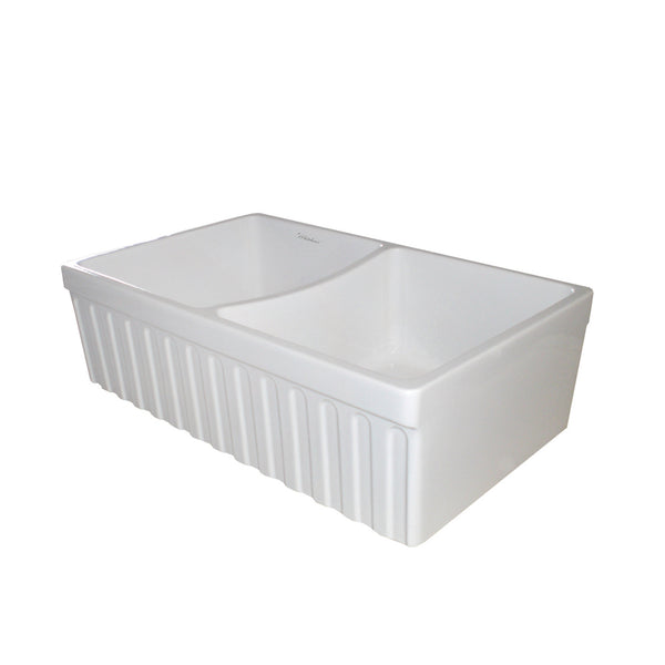 Whitehaus Farmhaus Fireclay Quatro Alcove Reversible Double Bowl Sink with a Fluted Front Apron and 2" Lip on One Side and 2 ½" Lip on the Opposite Side