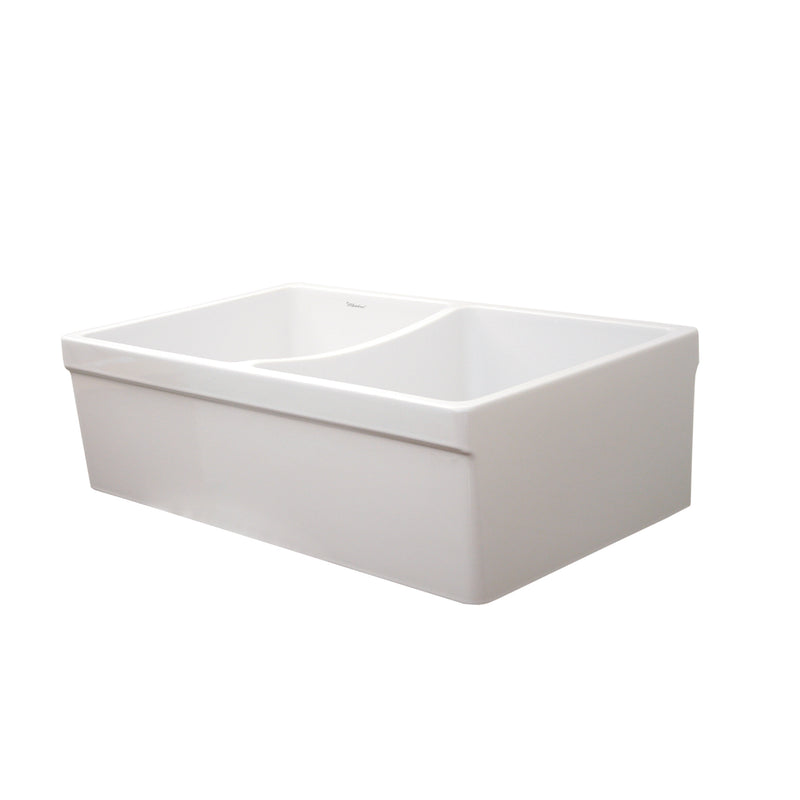 Whitehaus Farmhaus Fireclay Quatro Alcove Reversible Double Bowl Sink with 2" Lip on One Side and 2 ½" Lip on the Opposite Side