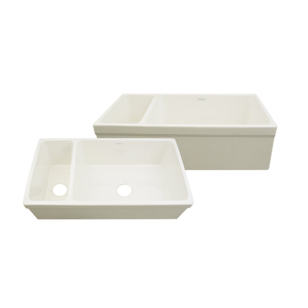 Whitehaus Farmhaus Fireclay Quatro Alcove Large Reversible Sink and Small Bowl with Decorative 2 ½" Lip on Both Sides