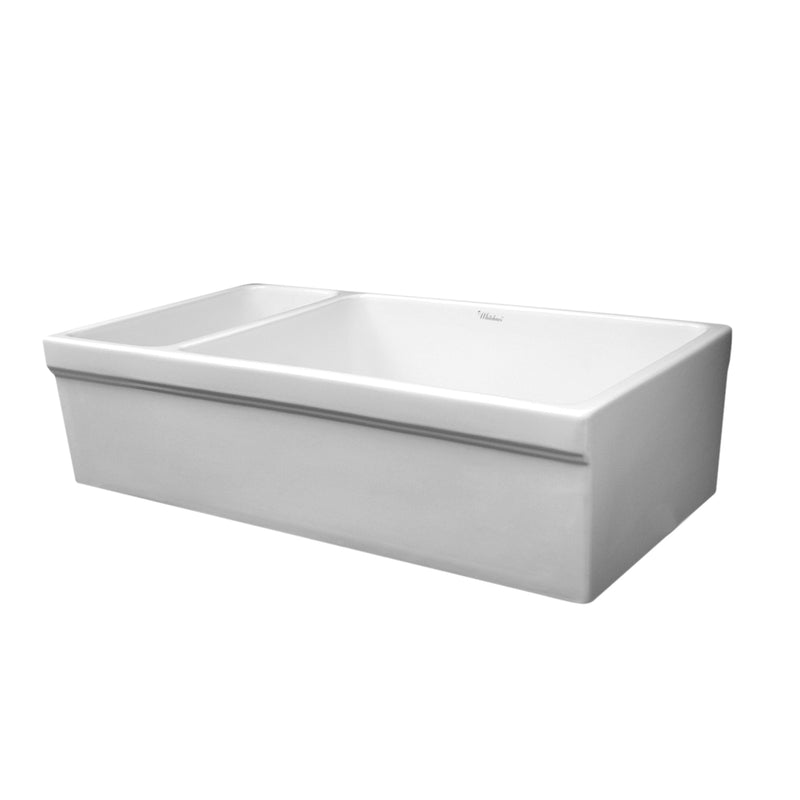 Whitehaus Farmhaus Fireclay Quatro Alcove Large Reversible Sink and Small Bowl with Decorative 2 ½" Lip on Both Sides