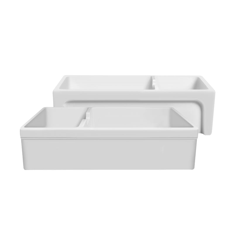 Whitehaus Glencove Fireclay 42" Large Double Bowl  Reversible Sink with an Elegant Beveled Front Apron on One Side and a Decorative Lip on the Opposite Side