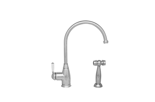 Whitehaus Queenhaus Single Lever Faucet with Long Gooseneck Spout, Porcelain Single Lever Handle and Solid Brass Side Spray