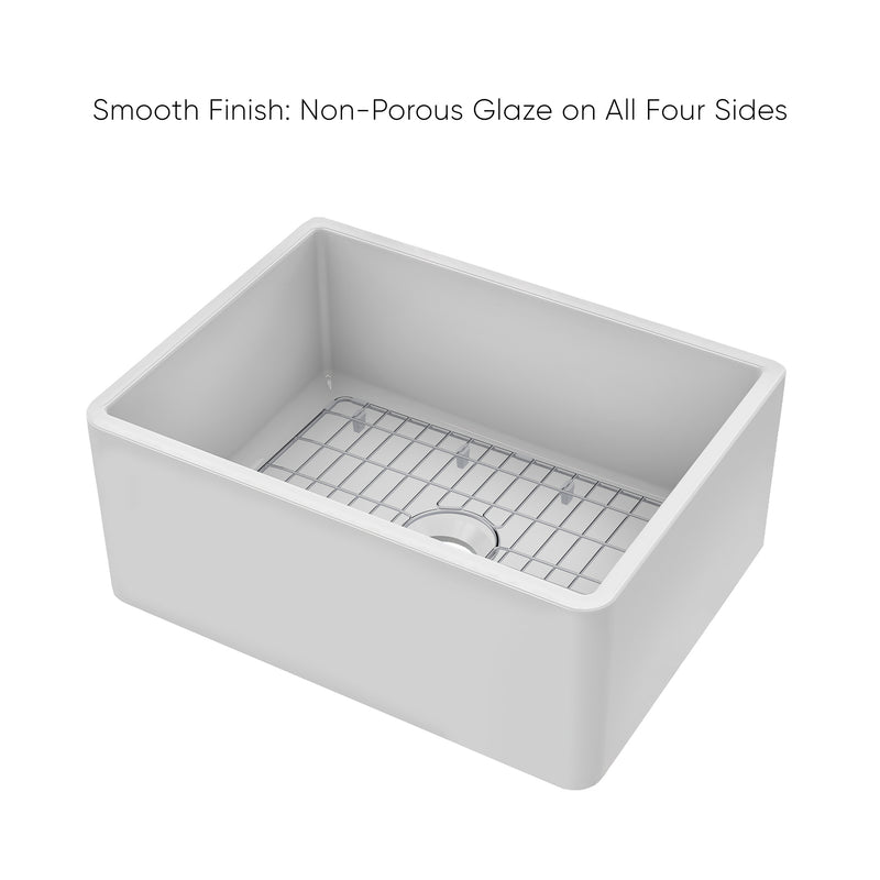 Whitehaus Whitehaus Collection 24" Reversible Single Bowl Fireclay Kitchen Sink with Grid: Three Edge Frame, Plain Front Apron