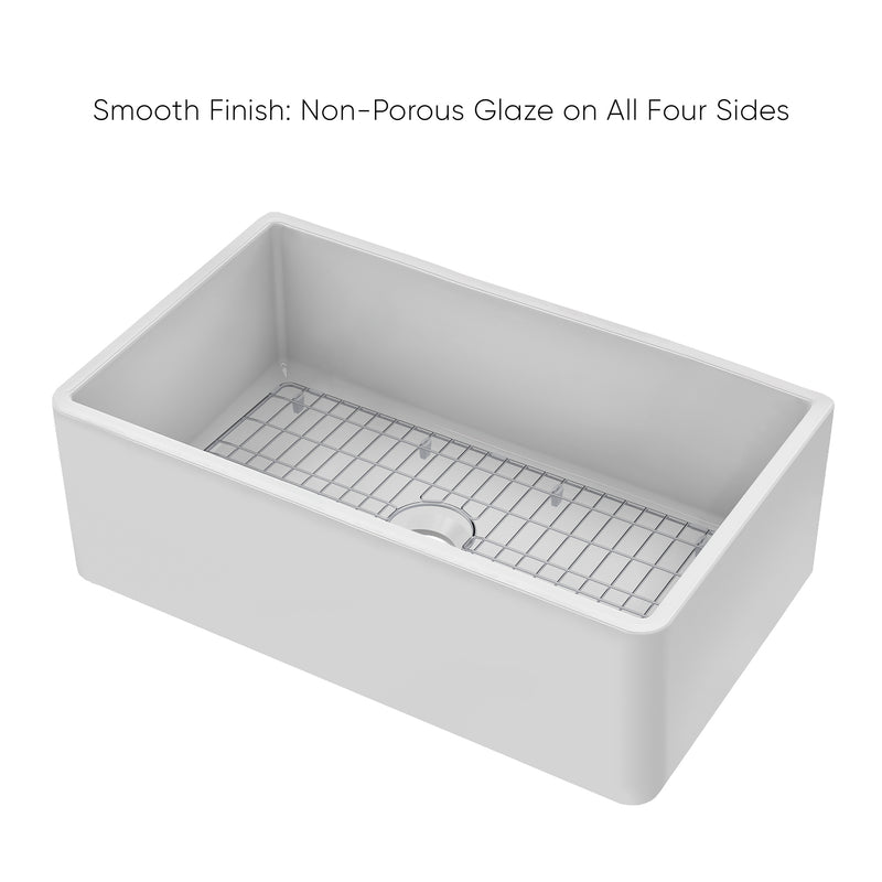 Whitehaus Whitehaus Collection 30" Reversible Single Bowl Fireclay Kitchen Sink with Grid: Three Edge Frame, Plain Front Apron