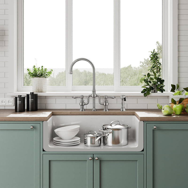 Whitehaus Whitehaus Collection 33" Reversible Single Bowl Fireclay Kitchen Sink with Grid: Three Edge Frame, Plain Front Apron