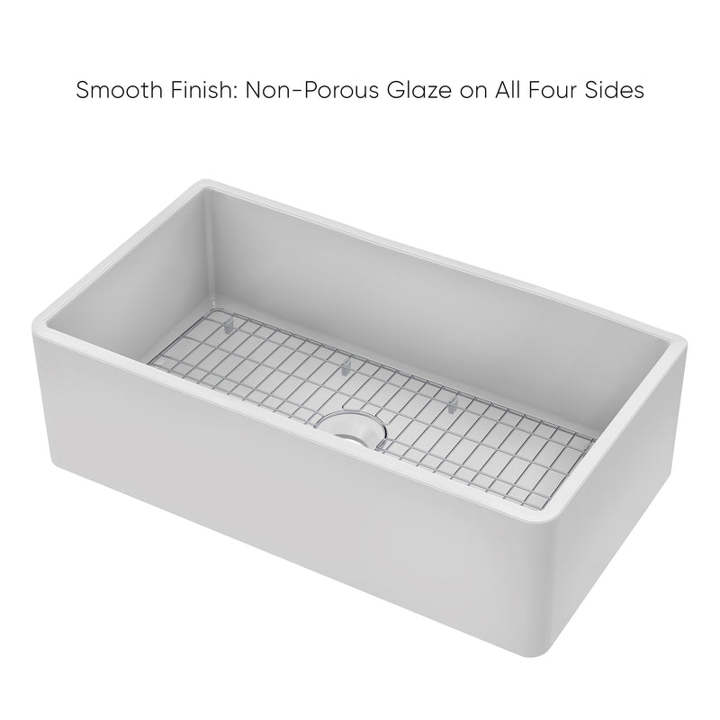 Whitehaus Whitehaus Collection 33" Reversible Single Bowl Fireclay Kitchen Sink with Grid: Three Edge Frame, Plain Front Apron