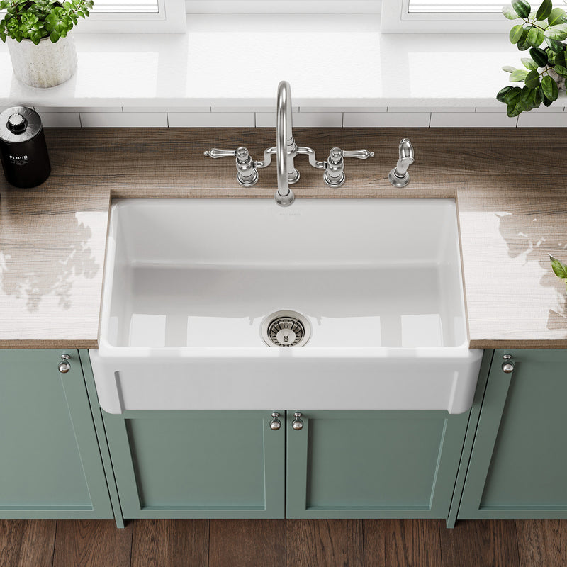 Whitehaus Whitehaus Collection 33" Reversible Single Bowl Fireclay Kitchen Sink with Grid: Three Edge Frame, Plain Front Apron