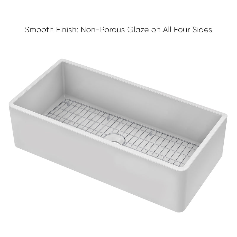 Whitehaus Whitehaus Collection 36" Reversible Single Bowl Fireclay Kitchen Sink with Grid: Three Edge Frame, Plain Front Apron