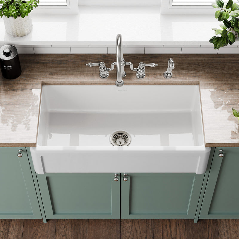 Whitehaus Whitehaus Collection 36" Reversible Single Bowl Fireclay Kitchen Sink with Grid: Three Edge Frame, Plain Front Apron