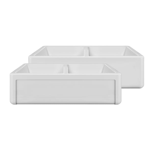 Whitehaus Whitehaus Collection 36" Reversible Double Bowl Fireclay Kitchen Sink with Grid Set: Three Edge Frame, Plain Front Apron