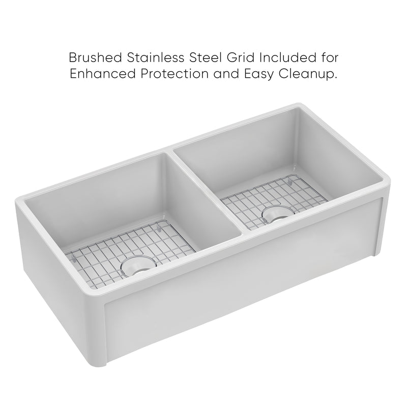 Whitehaus Whitehaus Collection 36" Reversible Double Bowl Fireclay Kitchen Sink with Grid Set: Three Edge Frame, Plain Front Apron