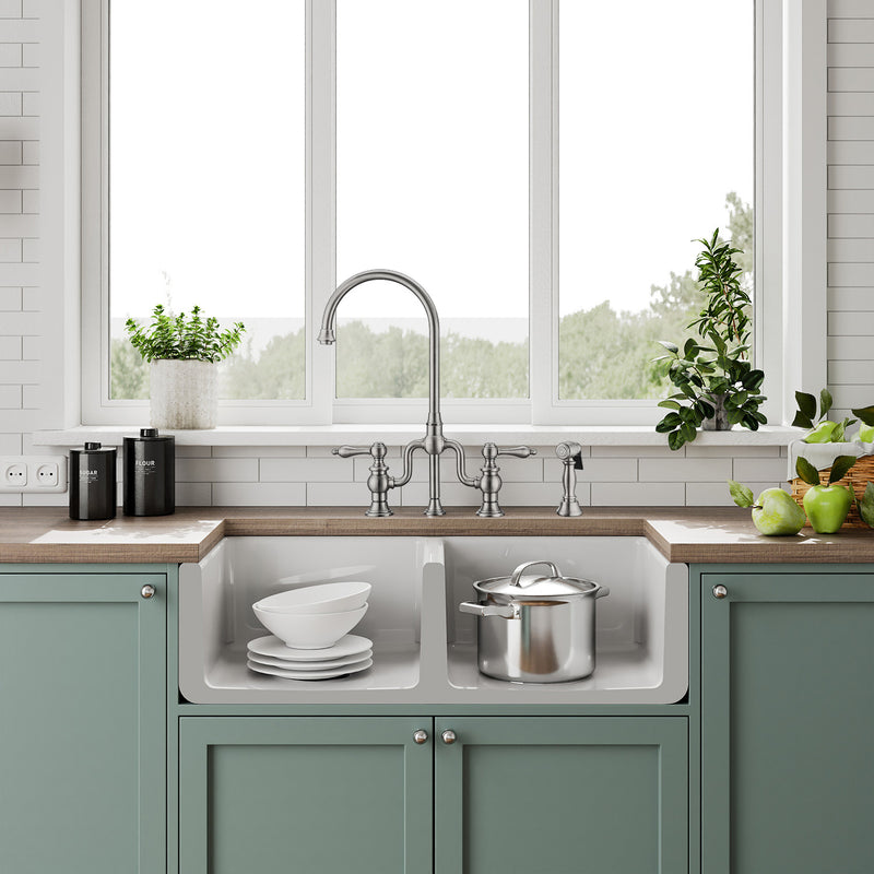 Whitehaus Whitehaus Collection 36" Reversible Double Bowl Fireclay Kitchen Sink with Grid Set: Three Edge Frame, Plain Front Apron