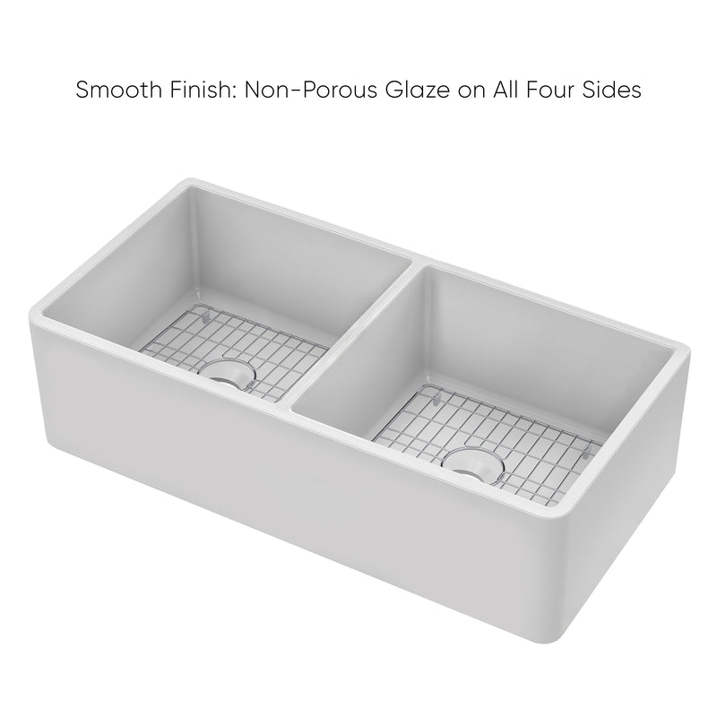 Whitehaus Whitehaus Collection 36" Reversible Double Bowl Fireclay Kitchen Sink with Grid Set: Three Edge Frame, Plain Front Apron