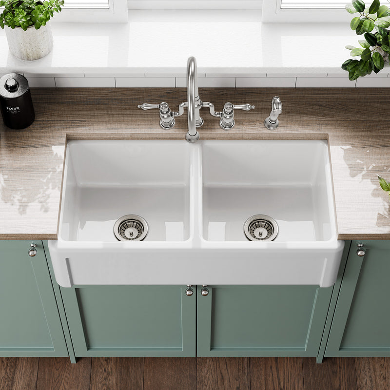 Whitehaus Whitehaus Collection 36" Reversible Double Bowl Fireclay Kitchen Sink with Grid Set: Three Edge Frame, Plain Front Apron