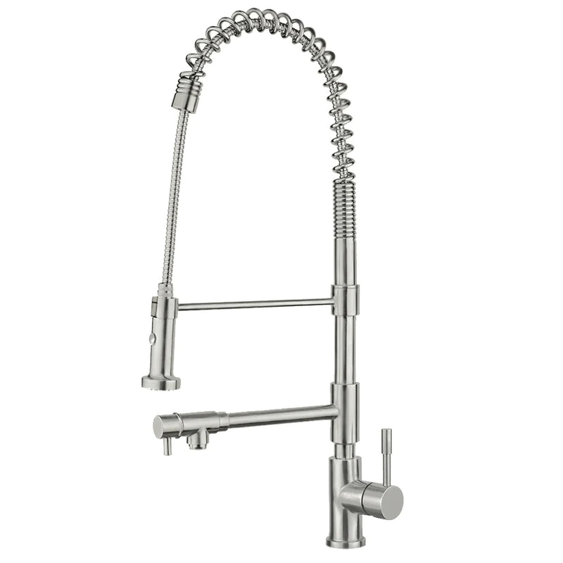 Whitehaus Waterhaus Lead Free, Solid Stainless Steel Commerical Single-Hole Faucet with Flexible Pull Down Spray Head, Swivel Support Bar & 2 Control Levers