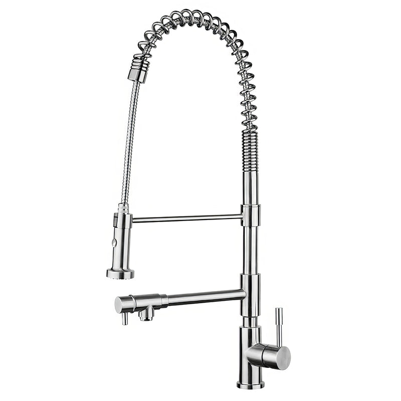 Whitehaus Waterhaus Lead Free, Solid Stainless Steel Commerical Single-Hole Faucet with Flexible Pull Down Spray Head, Swivel Support Bar & 2 Control Levers