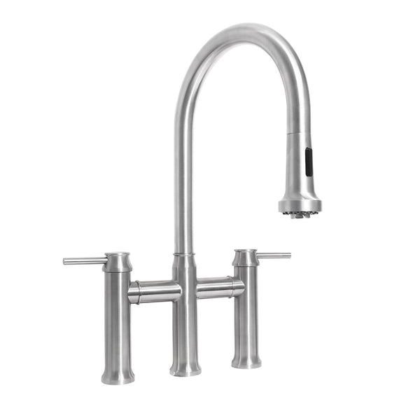 Whitehaus Waterhaus Lead-Free Solid Stainless Steel Bridge Faucet with a Gooseneck Swivel Spout, Pull Down Spray Head and Solid Lever Handles