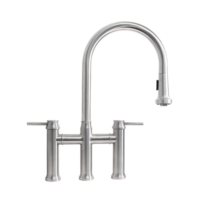 Whitehaus Waterhaus Lead-Free Solid Stainless Steel Bridge Faucet with a Gooseneck Swivel Spout, Pull Down Spray Head and Solid Lever Handles