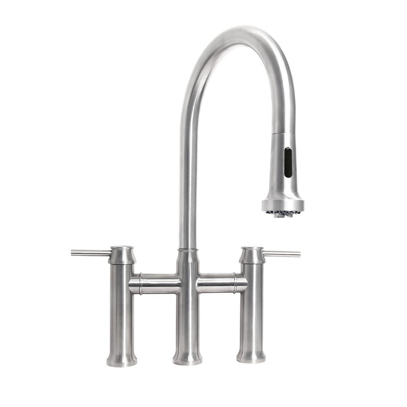 Whitehaus Waterhaus Lead-Free Solid Stainless Steel Bridge Faucet with a Gooseneck Swivel Spout, Pull Down Spray Head and Solid Lever Handles