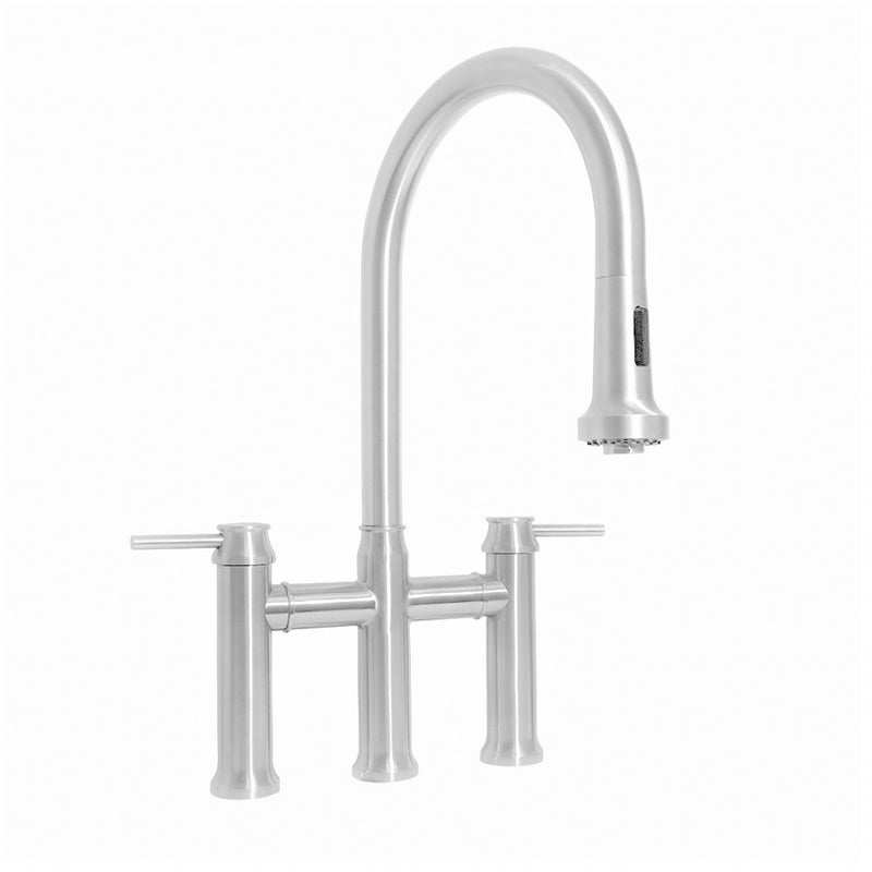 Whitehaus Waterhaus Lead-Free Solid Stainless Steel Bridge Faucet with a Gooseneck Swivel Spout, Pull Down Spray Head and Solid Lever Handles