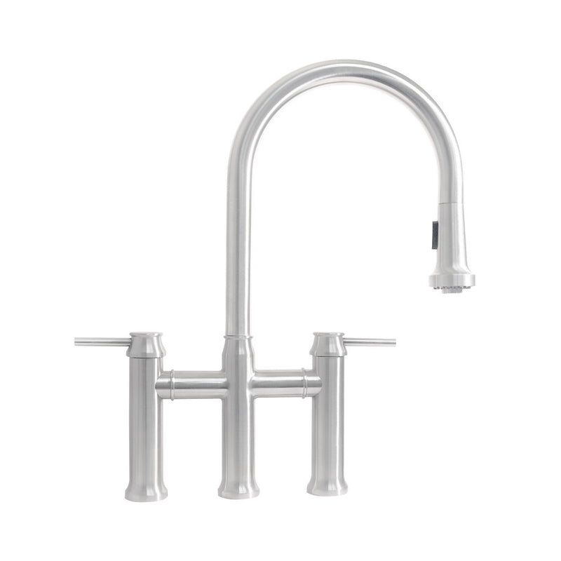 Whitehaus Waterhaus Lead-Free Solid Stainless Steel Bridge Faucet with a Gooseneck Swivel Spout, Pull Down Spray Head and Solid Lever Handles