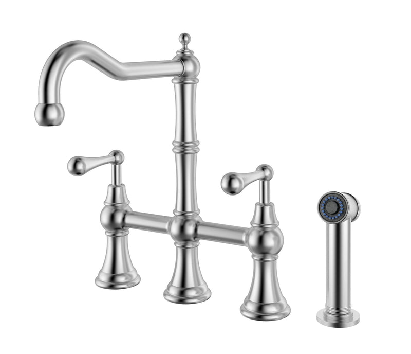 Whitehaus Waterhaus Lead-Free Solid Stainless Steel Bridge Faucet with a Traditional Spout, Lever Handles and Side Spray