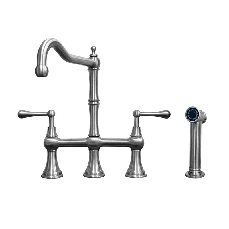 Whitehaus Waterhaus Lead-Free Solid Stainless Steel Bridge Faucet with a Traditional Spout, Lever Handles and Side Spray