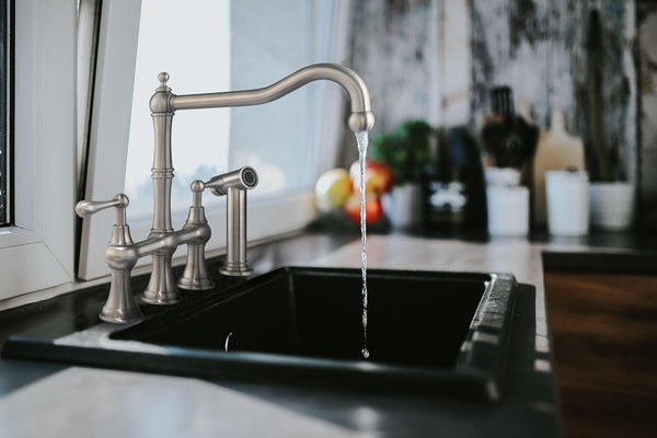 Whitehaus Waterhaus Lead-Free Solid Stainless Steel Bridge Faucet with a Traditional Spout, Lever Handles and Side Spray