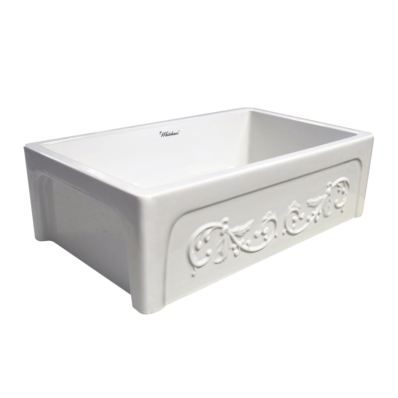 Whitehaus Glencove St. Ives 33" Front Apron Fireclay Sink with an Intricate Vine Design on one side and an Elegant Plain Beveled Front Apron on the Opposite Side