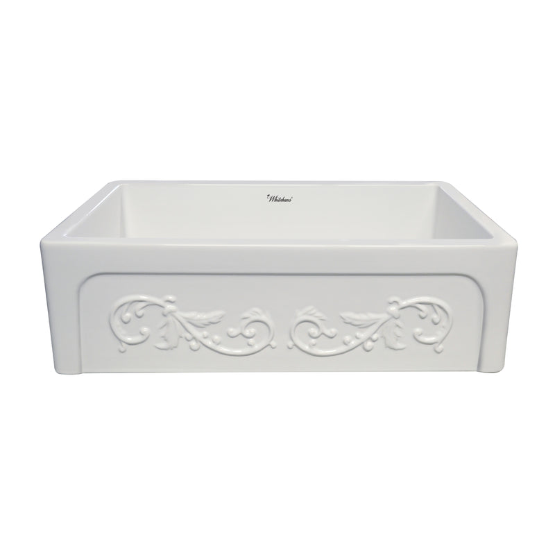 Whitehaus Glencove St. Ives 33" Front Apron Fireclay Sink with an Intricate Vine Design on one side and an Elegant Plain Beveled Front Apron on the Opposite Side