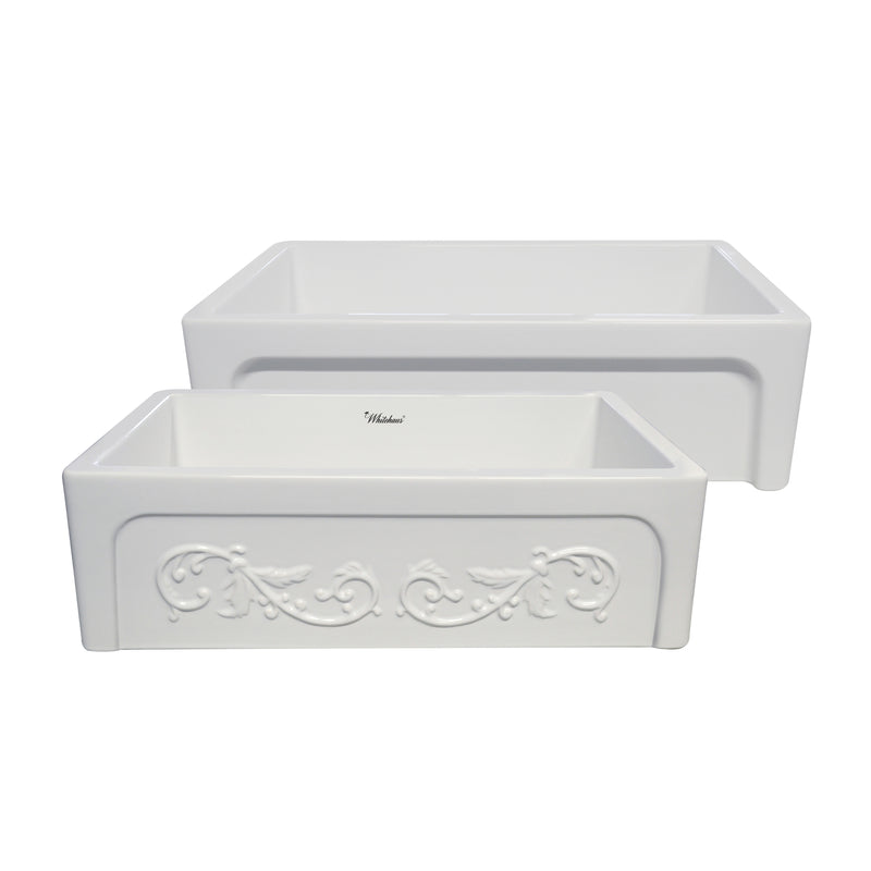 Whitehaus Glencove St. Ives 33" Front Apron Fireclay Sink with an Intricate Vine Design on one side and an Elegant Plain Beveled Front Apron on the Opposite Side