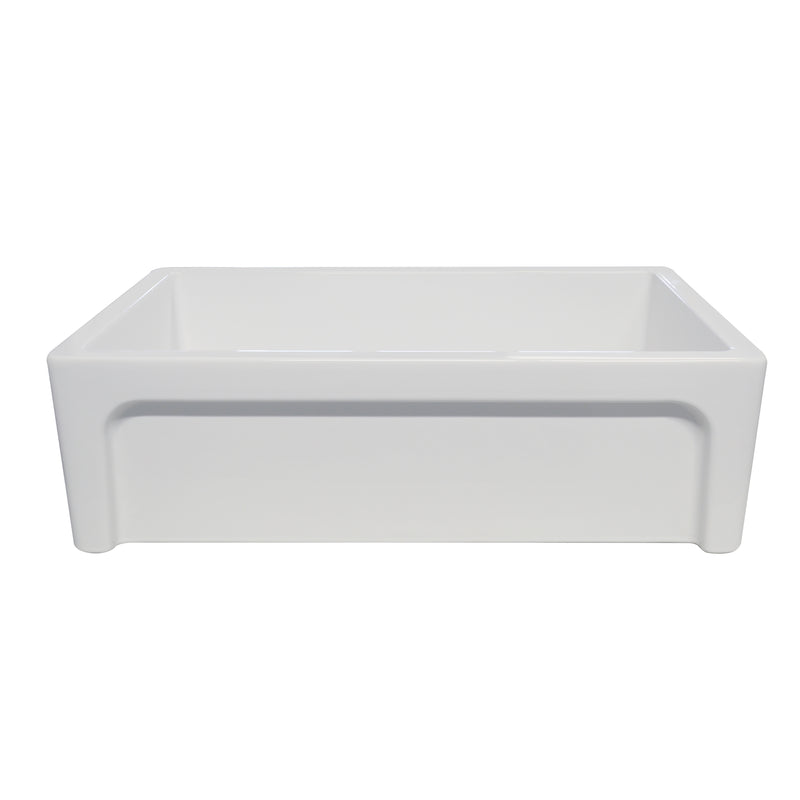 Whitehaus Glencove St. Ives 33" Front Apron Fireclay Sink with an Intricate Vine Design on one side and an Elegant Plain Beveled Front Apron on the Opposite Side