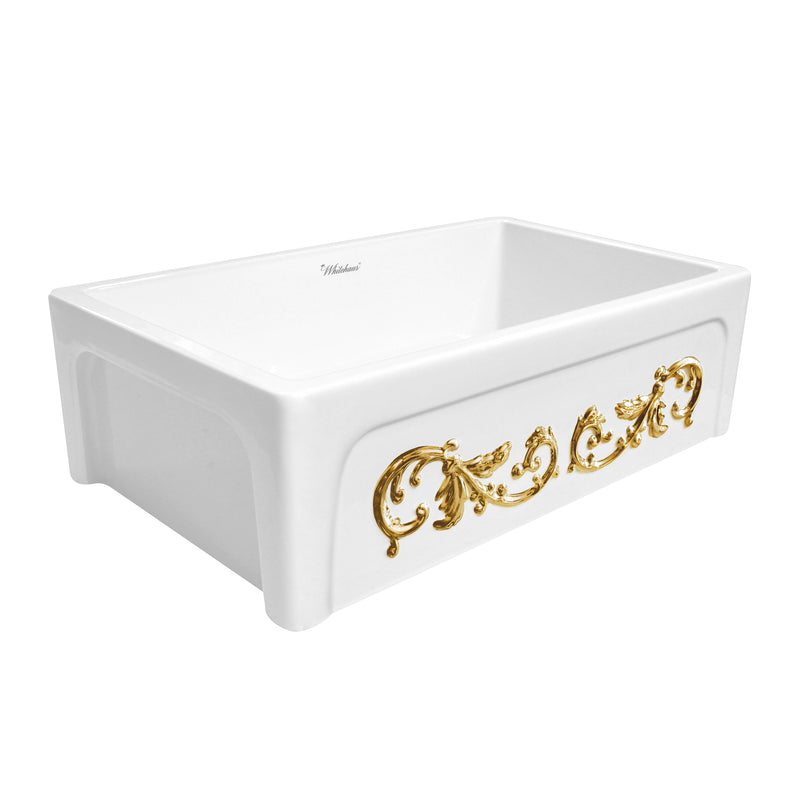 Whitehaus St. Ives Ornamental 33" Reversible Fireclay Kitchen Sink with  Intricate Embossed Vine Design Front Apron on one side and an Elegant Beveled Front Apron on the Opposite Side