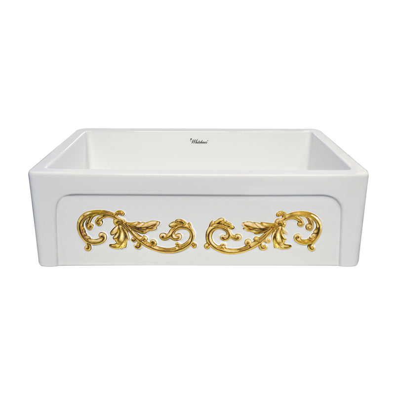 Whitehaus St. Ives Ornamental 33" Reversible Fireclay Kitchen Sink with  Intricate Embossed Vine Design Front Apron on one side and an Elegant Beveled Front Apron on the Opposite Side