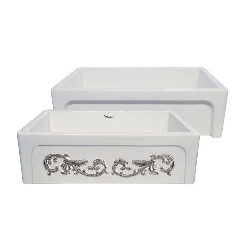 Whitehaus St. Ives Ornamental 33" Reversible Fireclay Kitchen Sink with  Intricate Embossed Vine Design Front Apron on one side and an Elegant Beveled Front Apron on the Opposite Side