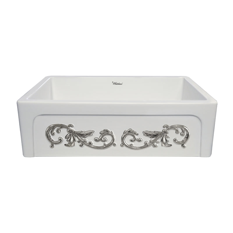 Whitehaus St. Ives Ornamental 33" Reversible Fireclay Kitchen Sink with  Intricate Embossed Vine Design Front Apron on one side and an Elegant Beveled Front Apron on the Opposite Side