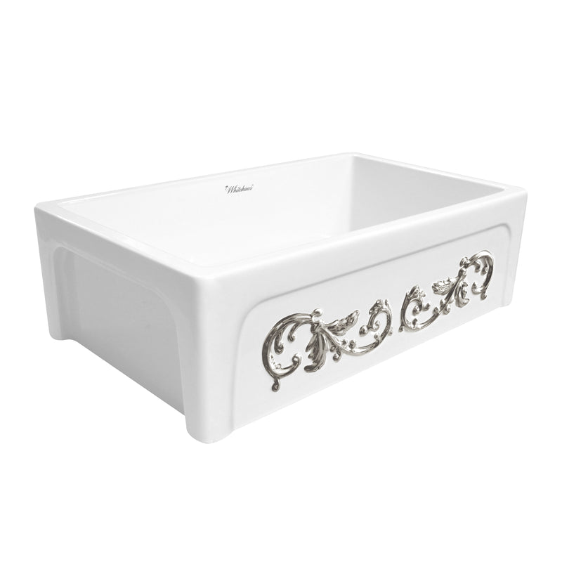 Whitehaus St. Ives Ornamental 33" Reversible Fireclay Kitchen Sink with  Intricate Embossed Vine Design Front Apron on one side and an Elegant Beveled Front Apron on the Opposite Side