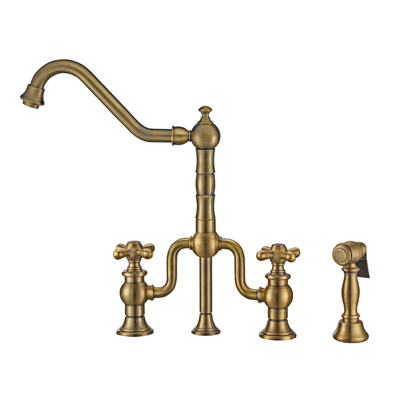 Whitehaus Twisthaus Plus Bridge Faucet with Long Traditional Swivel Spout, Cross Handles and Solid Brass Side Spray